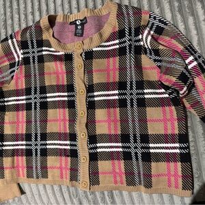 Ashley Stewart Plaid Cardigan in Black, Pink, and Tan